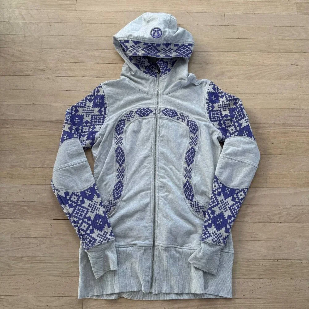Lululemon Special Edition Fair Isle Scuba Hoodie Purple-Gray Knit Panels Size 12 - Picture 1 of 9